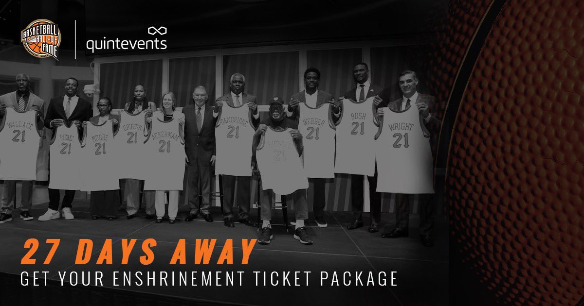 Hoophall's tweet photo. We are just 27 days away from seeing The Class of 2021 take the enshrinement stage. Join us in Springfield and get VIP access by attending with an Official Ticket Package from @QuintEvents.
#QuintEvents | #21HoopClass
๐๏ธ: https://t.co/3Pat53zUgf https://t.co/V5oYQukkeU
