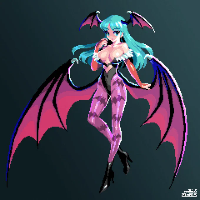 #ドット絵 #pixelart 
ヴァンパイアのモリガンを描きました🦇 