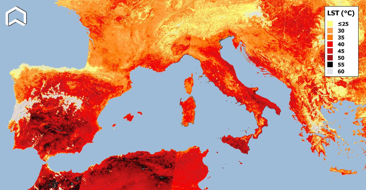 The #Heatwave keeps affecting the Mediterranean as shown by #Copernicus #Sentinel3. On the image of Aug. 14 Land Surface Temperature (not Air) values above 55°C can be spotted over #Italy, N. #Africa, #Spain and #Portugal. Grey areas on hyberic peninsula are clouds. #Ferragosto