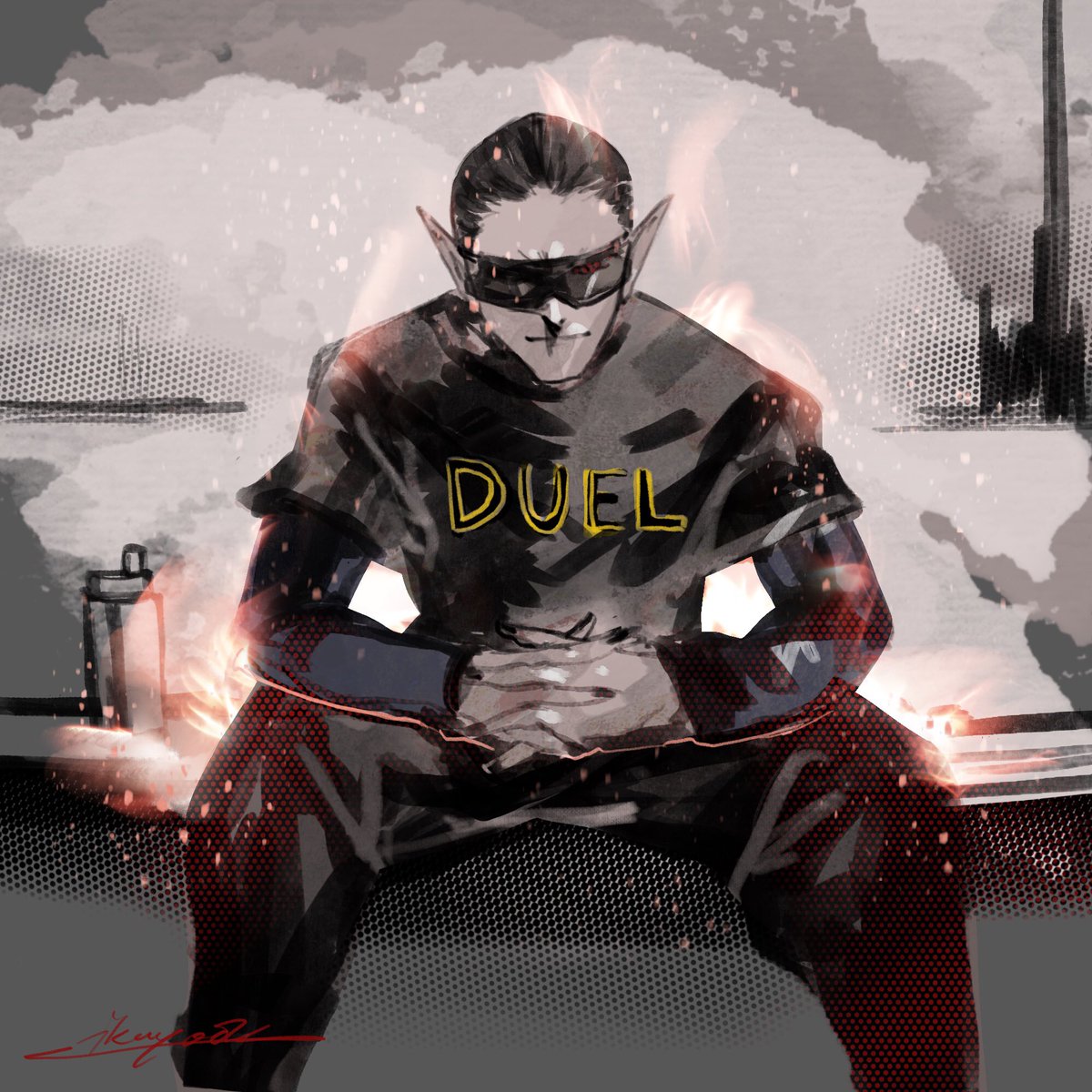 male focus 1boy solo sitting pointy ears sunglasses black hair  illustration images