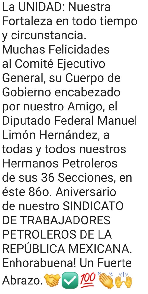 gomevivanco's tweet photo. Hoy 86 aniversario del Sindicato Trabajadores Petroleros de la República Mexicana 
Felicidades Socios Activos,  Jubilados y Transitorios de las 36 Secciones que lo conforman.

#AutonomiaSindical #UnidosVenceremos #ManuelLimonHernandez https://t.co/iFcSZqujUQ
