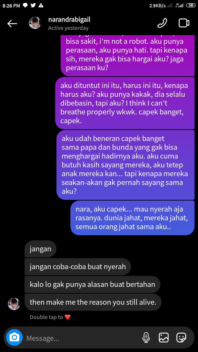 peavces's tweet photo. "Then make me the reason you still alive. Bisa, 'kan?"

— harukyu local au,
You, My Reason.

© Peavces. https://t.co/ZAqknuS6dN