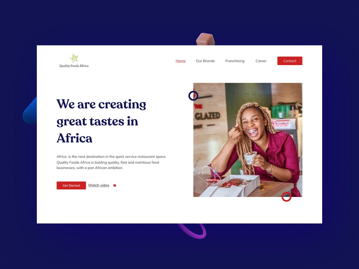 sholziee's tweet photo. I recently redesigned Quality Foods Africa Landing page... Quality foods Africa is a fast and nutritious food businesses, with a pan African ambition. @fele_omolola @yemijeff @ozenua_uiux 

#ui #uxdesign #ux #uiux #mobileui #uisource #design #creative https://t.co/VDoqVupsBa