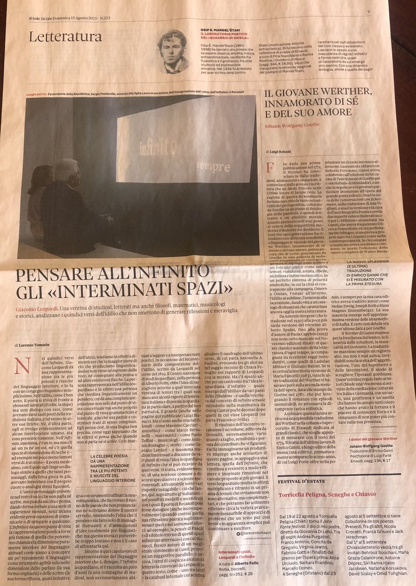 santoasubito's tweet photo. Oggi sulla Domenica del #Sole24ore @LorenzoTomasin, scrivendo di #Interminatispazi @DonzelliEditore, parla della forma verbale che #Leopardi seppe dare a una serie di esperienze mentali con L’infinito, rappresentazione poetica della dimensione interiore del linguaggio. https://t.co/rxzOZtiNjQ