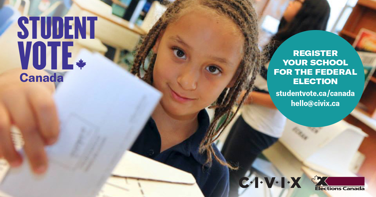 🚨The federal election is underway! CIVIX is working with @ElectionsCan_E to offer #StudentVoteCanada to schools across 🇨🇦. Registered schools receive free learning resources and election supplies. 🗳️ Sign up today ➡️ studentvote.ca/canada/ #cdned #cdnpoli #elxn44