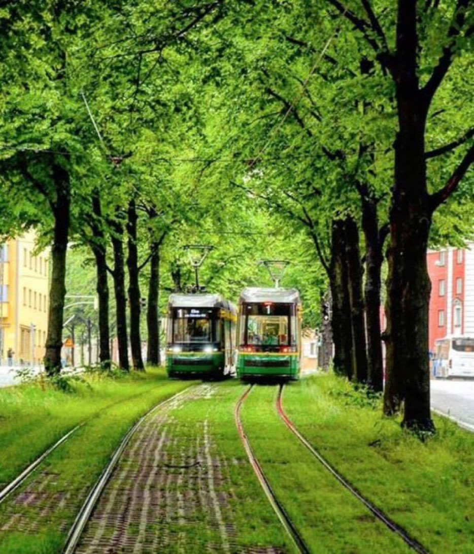 grescoe's tweet photo. How to make green transit even greener. Put the tram tracks on a carpet of grass or sedum. 2 kms of track creates 1.5 football fields' worth of green space, reducing air pollution and urban heat island effect.
(Left: #Finland; Right: #Holland) https://t.co/wvmZDOUiiO