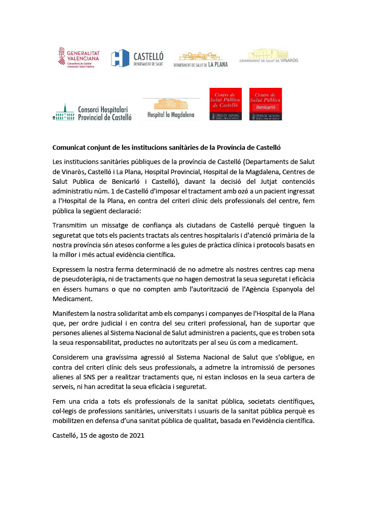 GVAlaplana's tweet photo. Comunicat conjunt de totes les institucion sanitàries públiques de la provincia de Castelló, davant la decisió judicial d'imposar el tractament amb ozó a un pacient ingressat a l'Hospital de la Plana https://t.co/H9UR1W9Lgo