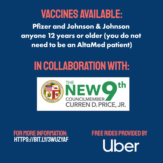 Haven’t gotten vaccinated yet? Join @AltaMedHealthS and the Office of @CurrenDPriceJr on Tuesday from 9am-2pm…

#AndaleQueEsperas
#Andale
#vacunate
#vᴀᴄᴜɴᴀcᴏᴠɪᴅ19 #ᴠᴀᴄᴄɪɴᴇssᴀᴠᴇʟɪᴠᴇs #vaccines #covid19