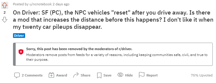Olanovski's tweet image. Get this, a certain somebody gets the control of the Driver subreddit, a community that&apos;s already fragmented &amp;amp; inactive, and decides that Driver: San Francisco is no longer allowed, posts are being deleted regarding it.

#Reddit #DriverGame #DriverSanFrancisco #DRVSF #DriverSF