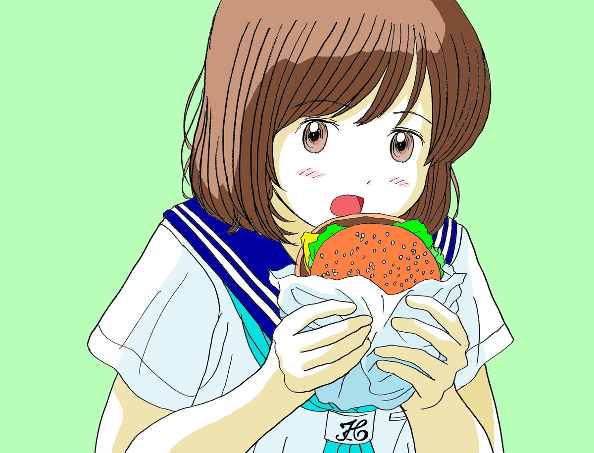 1girl solo food brown hair burger school uniform brown eyes  illustration images