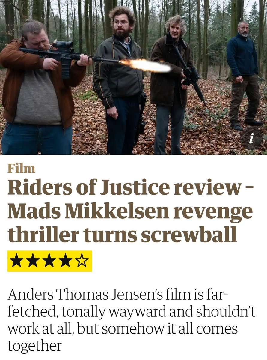 RIDERS OF JUSTICE Mads Mikkelsen is the enthusiastically violent avenger, with top back-up support, in Anders Thomas Jensen’s darkly funny new movie. <a href="/guardian/">The Guardian</a> reviews the film theguardian.com/film/2021/jul/… <a href="/theofficialmads/">Mads Mikkelsen Official</a>
