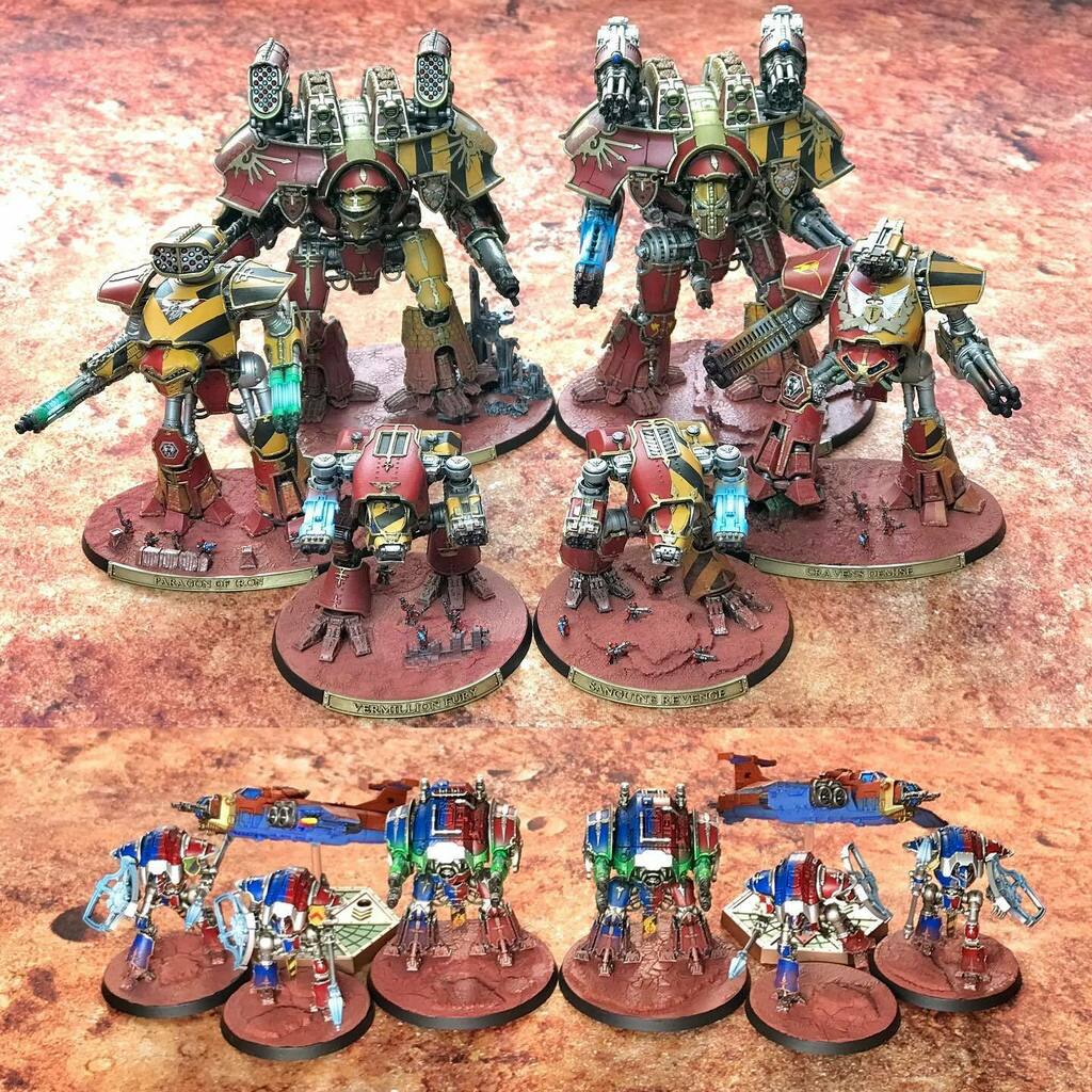 Another shot for the weekend. Family photo of my Fire Wasps and House Taranis support. 
Name plates are finally on the God Engines, but I’m still tempted to fill in the plates to give some more contrast. 

#adeptustitanicus #housetaranis #paintingwarhamm… instagr.am/p/CSm0bSuNYLv/