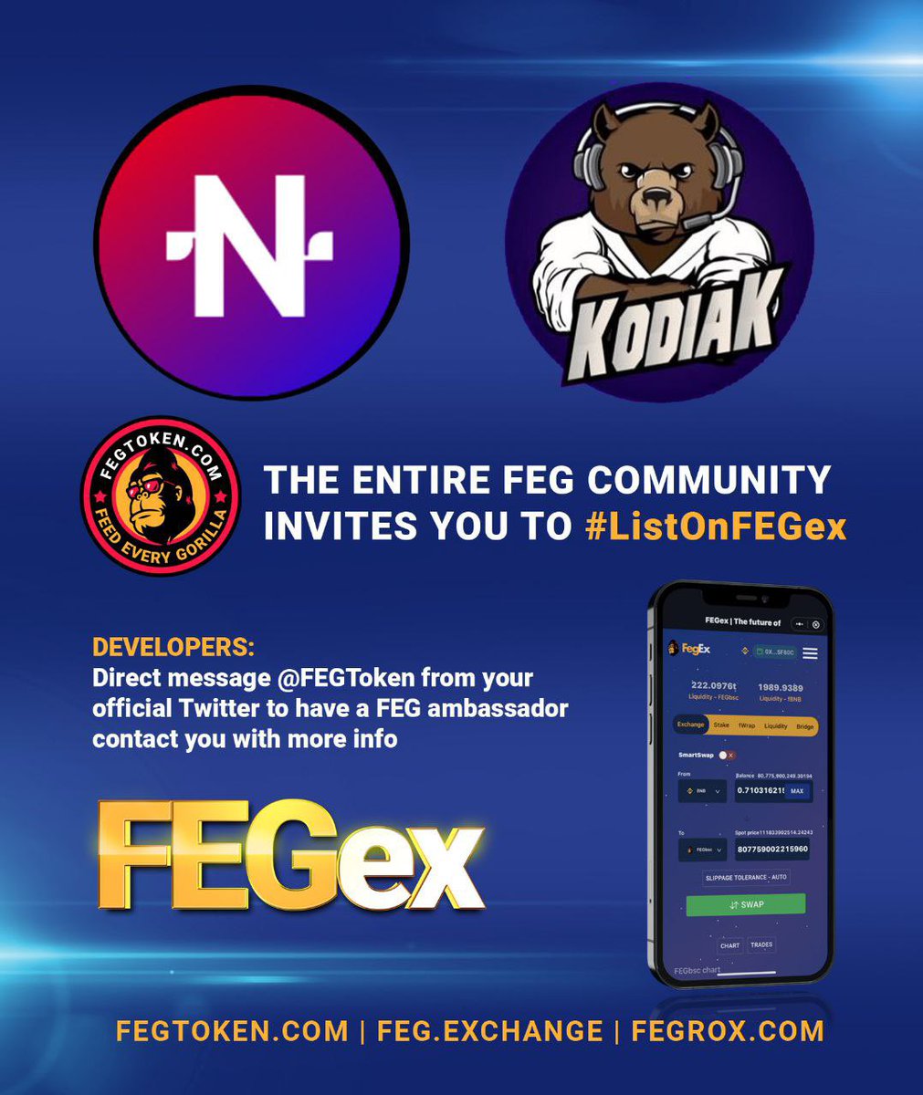 FEGtoken's tweet photo. FEG Token and the entire #FEGarmy invite @EnterNFT and @KodiakToken to join #FEGex! 😊

Developers, DM us - an Ambassador can provide you with more information. #ListOnFEGex

Come with us in #BringingDeFiTogether!
🚀❤️

#DeFi #crypto $FEG $NFTART $KODI https://t.co/m8PWoAXBaw