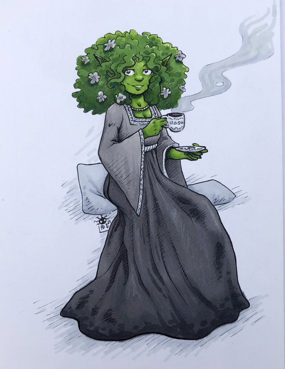 frandaredoodles's tweet photo. Day 14 of #drowgust is haven. Here’s our favourite librarian, Mossy, in her library haven… except I ran out of time to draw the library. Mossy belongs to @CherishYork. I hope I did her justice Cherish! https://t.co/PLnZBLIyWb