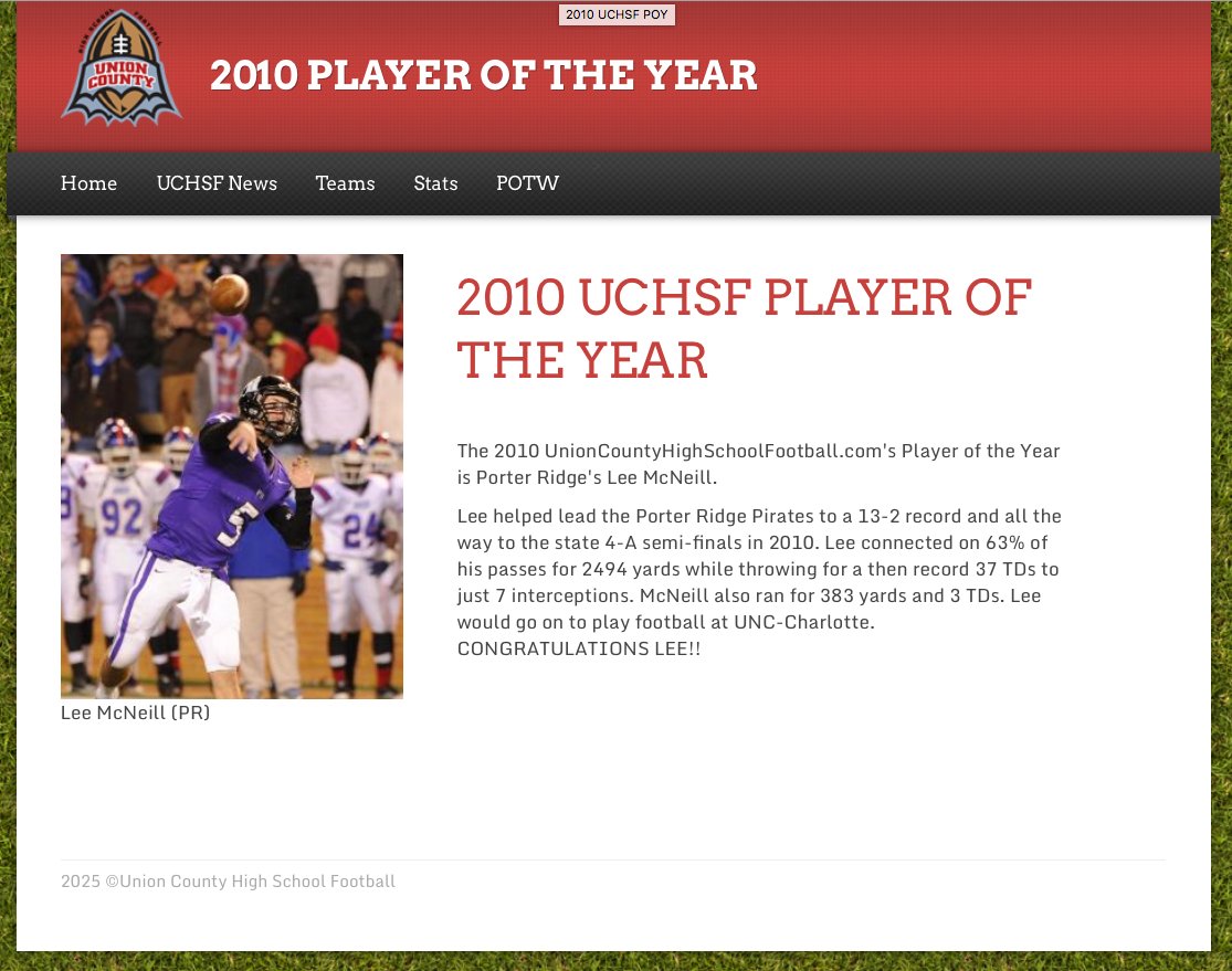 Union County Hoops, Football, Baseball & Softball (@uchoops) on Twitter photo UnionCountyHighSchoolFootball.com was started in 2006....The 2010 UCHSF Player of the Year was......
Porter Ridge's Lee McNeil!
<a href="/PorterRidgeHSNC/">Porter Ridge High School</a> @PorterRidgeMSF1 <a href="/PorterRidgeFB/">Porter Ridge Football</a> <a href="/LeeMcNeill5/">Lee McNeill</a>
UnionCountyHighSchoolFootball.com UnionCountyHighSchoolFootball.com was started in 2006....The 2010 UCHSF Player of the Year was......
Porter Ridge's Lee McNeil!
<a href="/PorterRidgeHSNC/">Porter Ridge High School</a> @PorterRidgeMSF1 <a href="/PorterRidgeFB/">Porter Ridge Football</a> <a href="/LeeMcNeill5/">Lee McNeill</a>
UnionCountyHighSchoolFootball.com