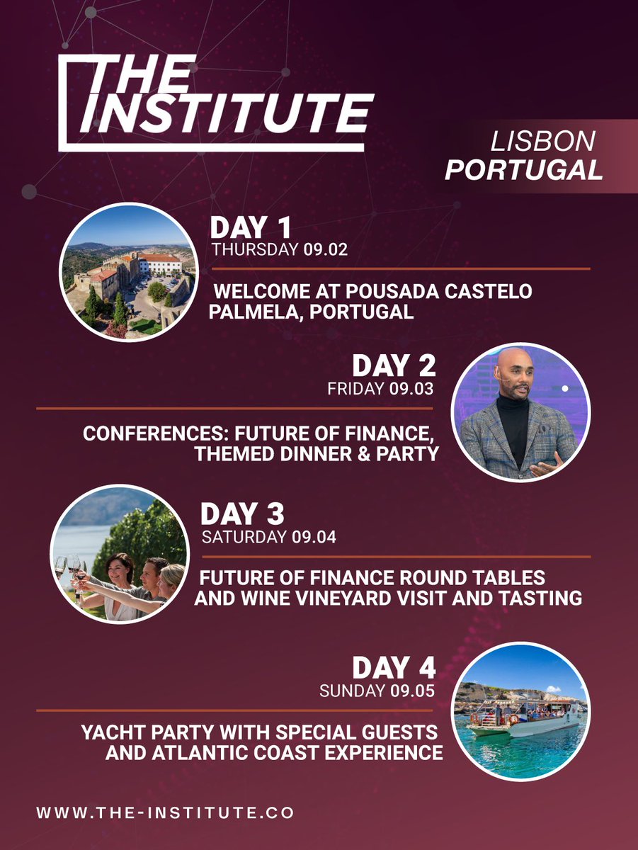 marquesafinch's tweet photo. Join Us! September 2-6 for the @theinstitutenyc in Lisboa, Portugal. We are presenting ‘The Future of Global Finance’ with an #AllStar line up of speakers and special guests, and curated experiences you will love! There’s a handful of tickets left. #DM for more details... https://t.co/xLRX7mXz19