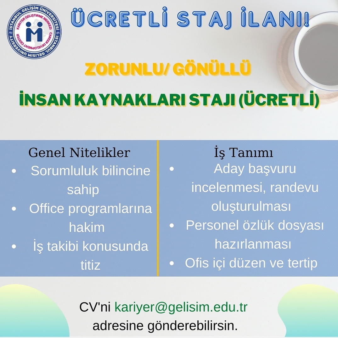 Değerli İGÜ'lü!!

İnsan kaynakları alanında hedefin varsa ve şablondaki kriterleri karşılıyorsan  CV’ni başlık belirterek  kariyer@gelisim.edu.tr adresine gönderebilirsin.
#kariyer #igukariyer  #işilanı #kari̇yermerkezi̇
#igümezun
#iguinsankaynakları  #işilanları #plusik