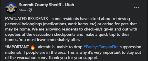 KPCWRadio's tweet photo. @SummitCountySO is allowing residents in the evacuation zone to check in with deputies to quickly grab additional belongings. #ParleysCanyonFire https://t.co/3xDC3geajz