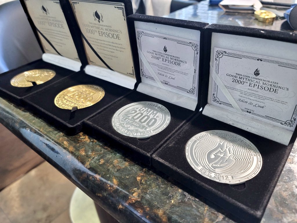 Cy_Cao's tweet photo. So excited to receive my #GMM #2000thepisode coins! Thank you for being part of my daily routine and can't wait to add the 3000th episode coin to my collection! @Mythical @rhettmc @LinkNeal @StevieWLevine #goodmythicalmorning https://t.co/aHEeRuQYyA