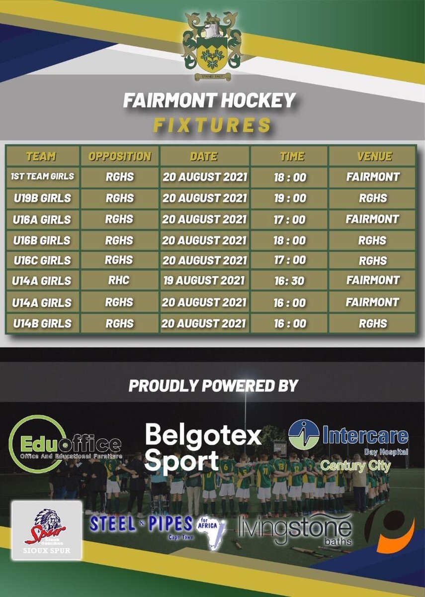 Fairmont Hockey Fixtures 

18 August - Boys vs Paarl Boys
19 August - u14A Boys and Girls vs Reddam Constantia  
20 August - Girls vs Rustenburg 

What a privilege to be back on the turf playing inter-schools hockey. 

#FairmontHockey 
#GreenMachine 
#WeAreGreen