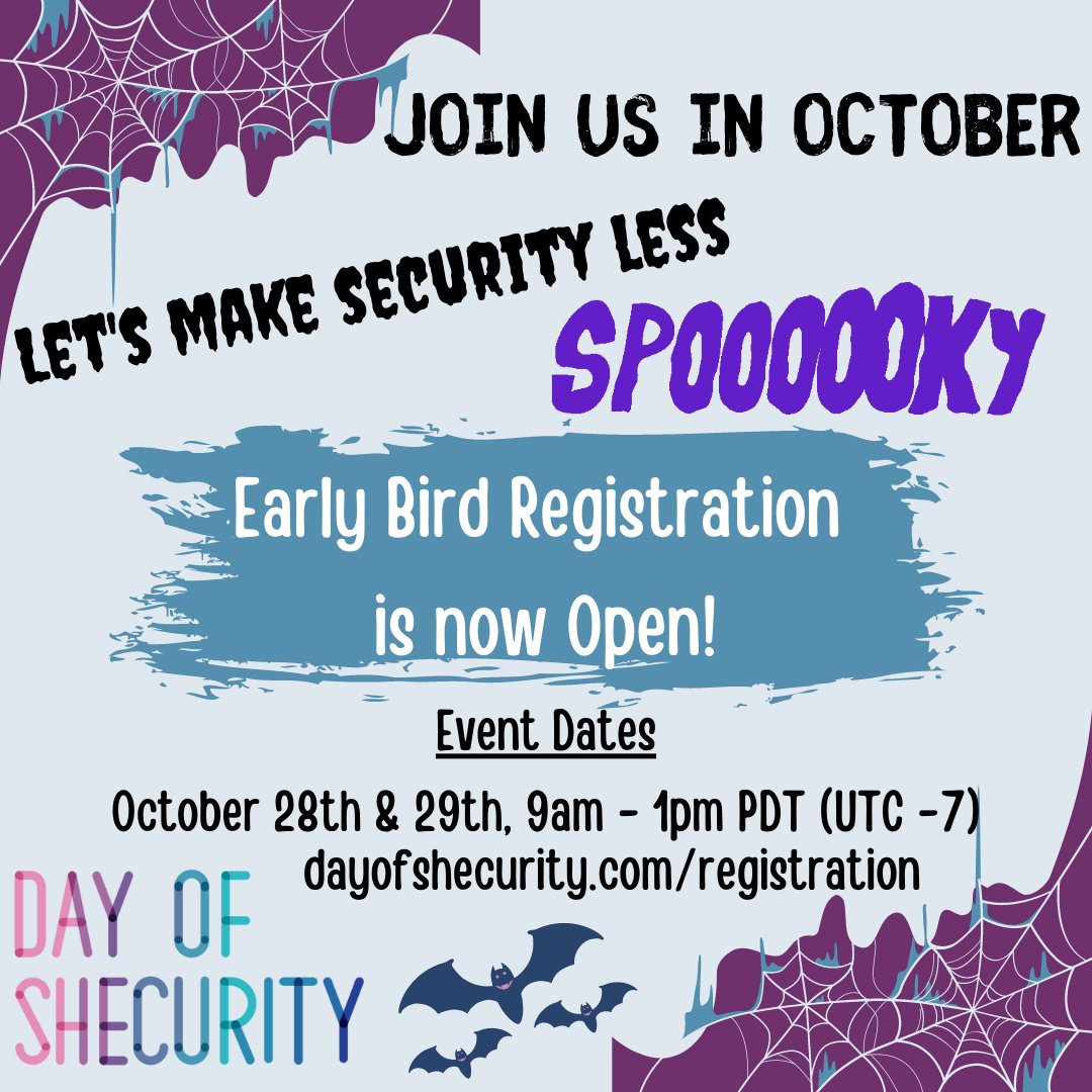 Calling women who want to elevate or start their career in cybersecurity. Early Bird registration for Day of Shecurity is now open! Join us October 28th &amp; 29th! Register via our website. buff.ly/3COL9QF #womenincybersecurity #dayofshecurity #shecurity2021 #womenintech