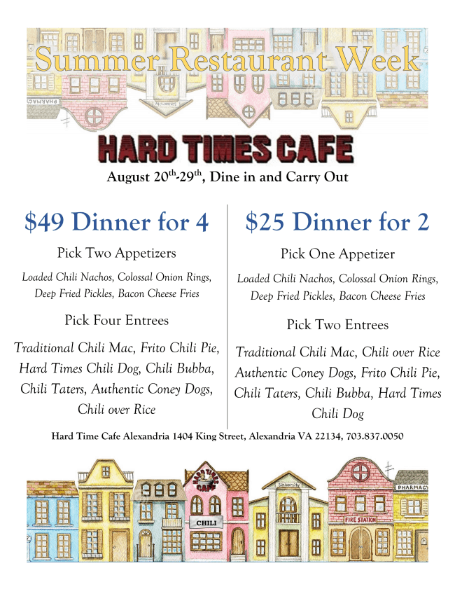 HardTimesFun's tweet image. It's the first day of Alexandria Restaurant Week! From Aug. 20-29, get one of the best deals of #ALXRestaurantWeek at #HardTimesAlexandria. Available for dine-in and carryout. #HardTimesCafe