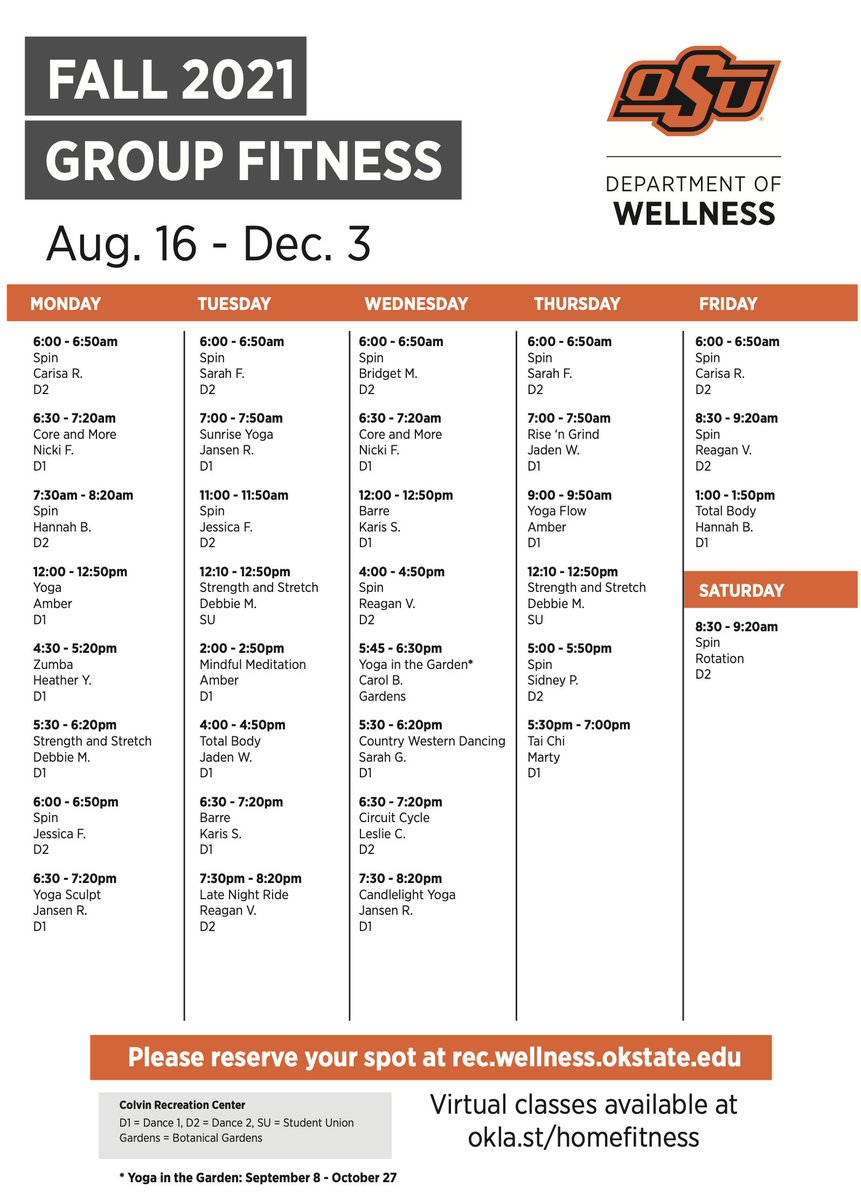OSUWELL's tweet photo. We are so excited for Group Fitness this fall, Cowboys! 🧘🏿‍♀️🚴🏽🏋🏼 Our new schedule goes into effect tomorrow! Check it out at https://t.co/ONprgiiTvC #groupfitness #discoverfitness #discoverwellness https://t.co/0ceg3EXKh6