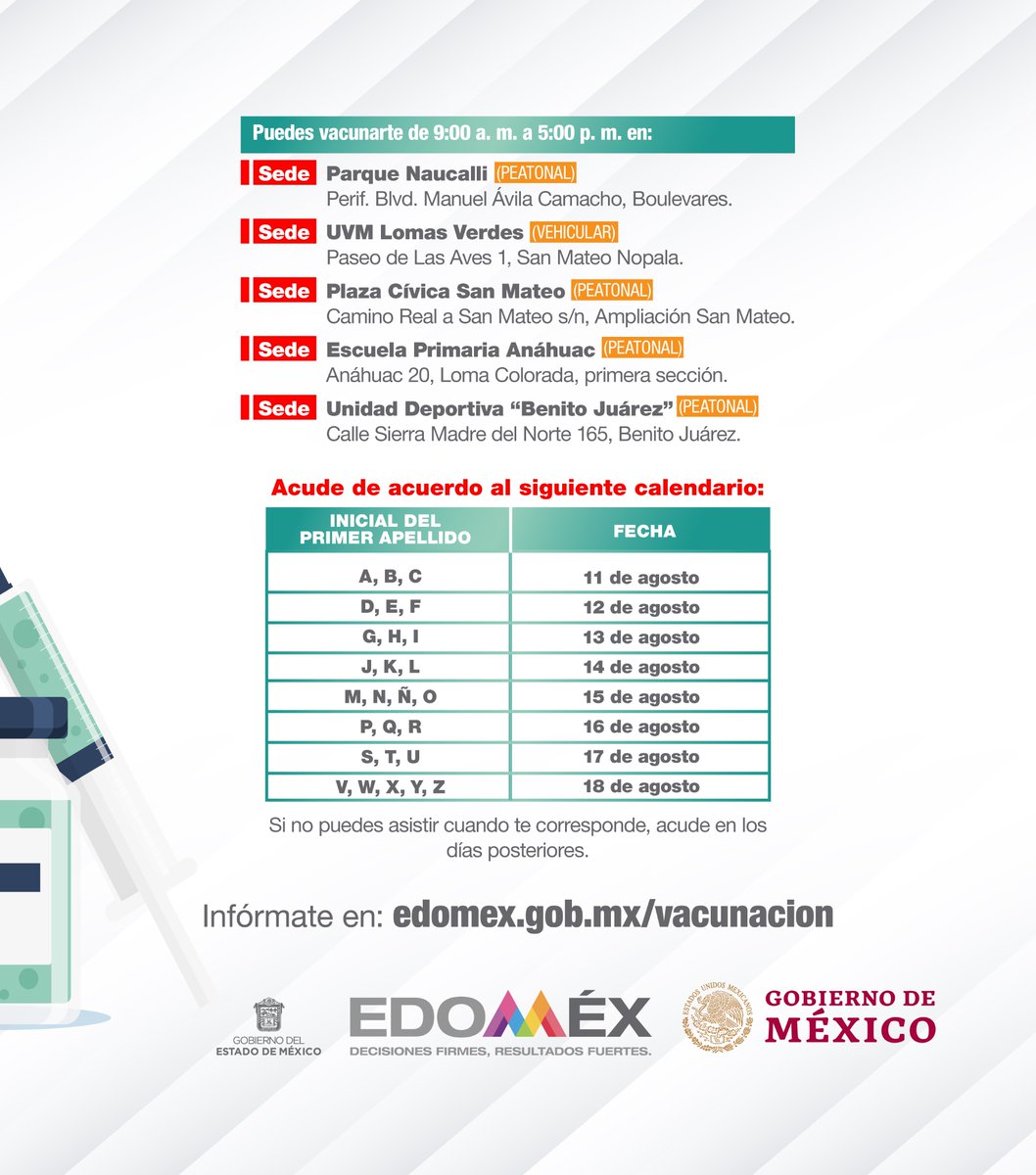 تويتر Gobierno Del Estado De Mexico على تويتر Hasta El 18 De Agosto Estaremos Aplicando La Primera Dosis De La Vacuna A Personas De 18 A 29 Anos Y Mujeres Embarazadas تويتر Gobierno Del Estado De Mexico على تويتر Hasta El 18 De Agosto Estaremos Aplicando La Primera Dosis De La Vacuna A Personas De 18 A 29 Anos Y Mujeres Embarazadas