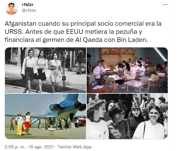 JulianMaciasT's tweet photo. El presidente de Afganistán sale del país y los talibanes entran en Kabul.
Buen momento para recordar que los EEUU financiaron a talibanes y muyahidines para acabar con el gobierno de Najibulá que quiso más derechos para mujeres y menos peso de la religión
https://t.co/JvIGR7uQZT https://t.co/I1kuxTSL9V