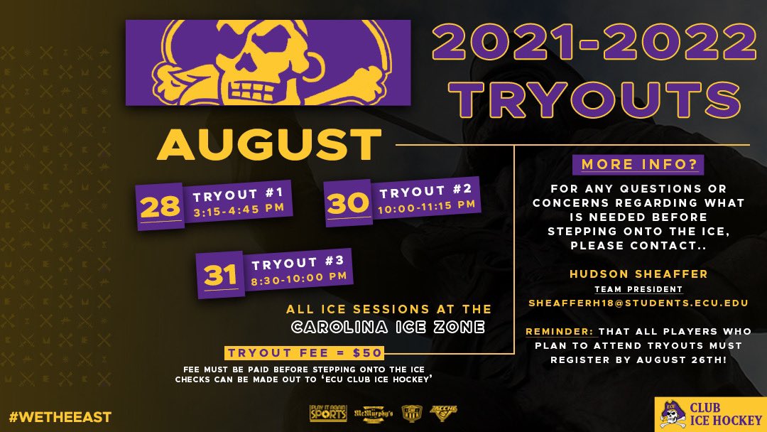 ECUIceHockey's tweet image. Our 2021-2022 Tryout dates have (finally) been announced! 

📝: All players who plan to try out must register by Aug. 26th.

Registration Link » ecuicehockey.pointstreaksites.com/view/ecuicehoc…

#WeTheEast🏴‍☠️