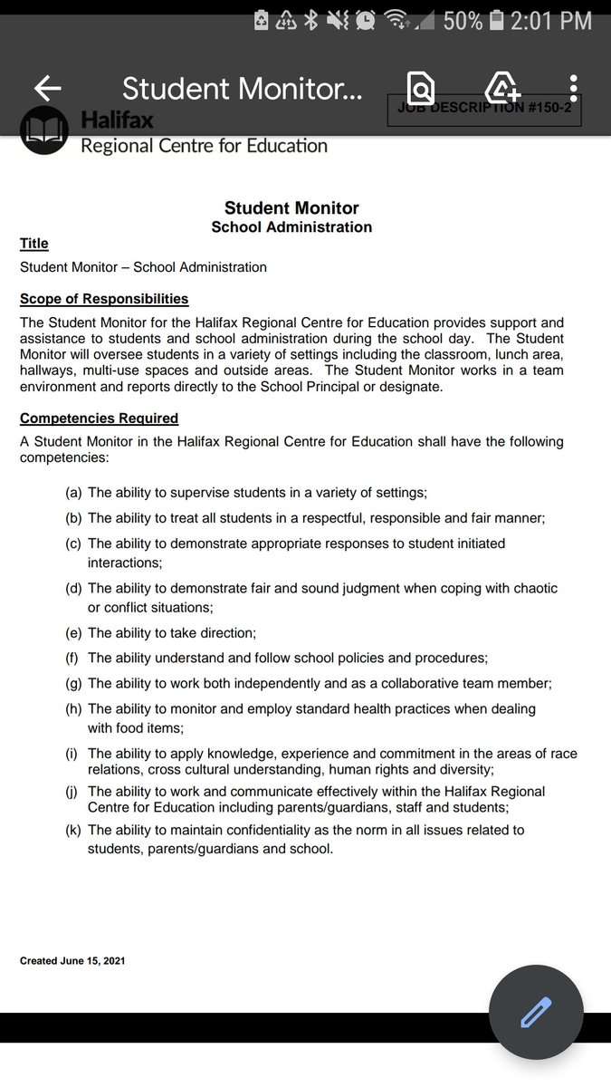 ESJNovaScotia's tweet photo. Last spring @HRCE_NS and @LiberalPartyNS increased high school teachers' teaching loads &amp; eliminated teacher hall duty. Now they're seeking to hire hall monitors for $13.41/hr. Some competencies and job components include the following: https://t.co/NFx9KyWQp7