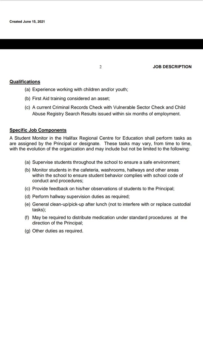 ESJNovaScotia's tweet photo. Last spring @HRCE_NS and @LiberalPartyNS increased high school teachers' teaching loads &amp; eliminated teacher hall duty. Now they're seeking to hire hall monitors for $13.41/hr. Some competencies and job components include the following: https://t.co/NFx9KyWQp7