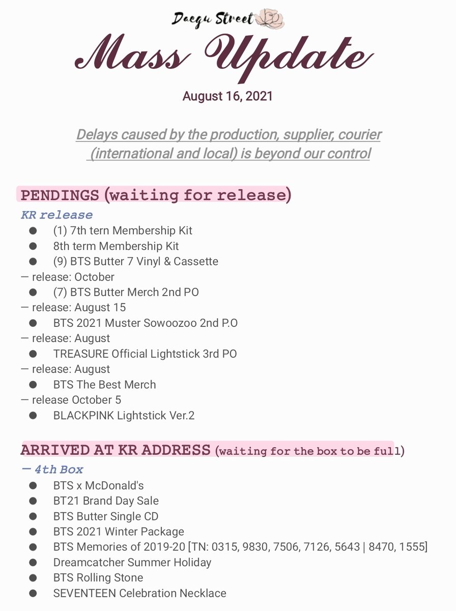 DAEGU_STREET's tweet photo. 📆 Status of all pending orders as of August 15, 2021

If we miss anything and if you have questions, please don't hesitate to message us. Thank you for your patience ~

 [ #DaeguStUpdate ] https://t.co/fPrLlJerOc