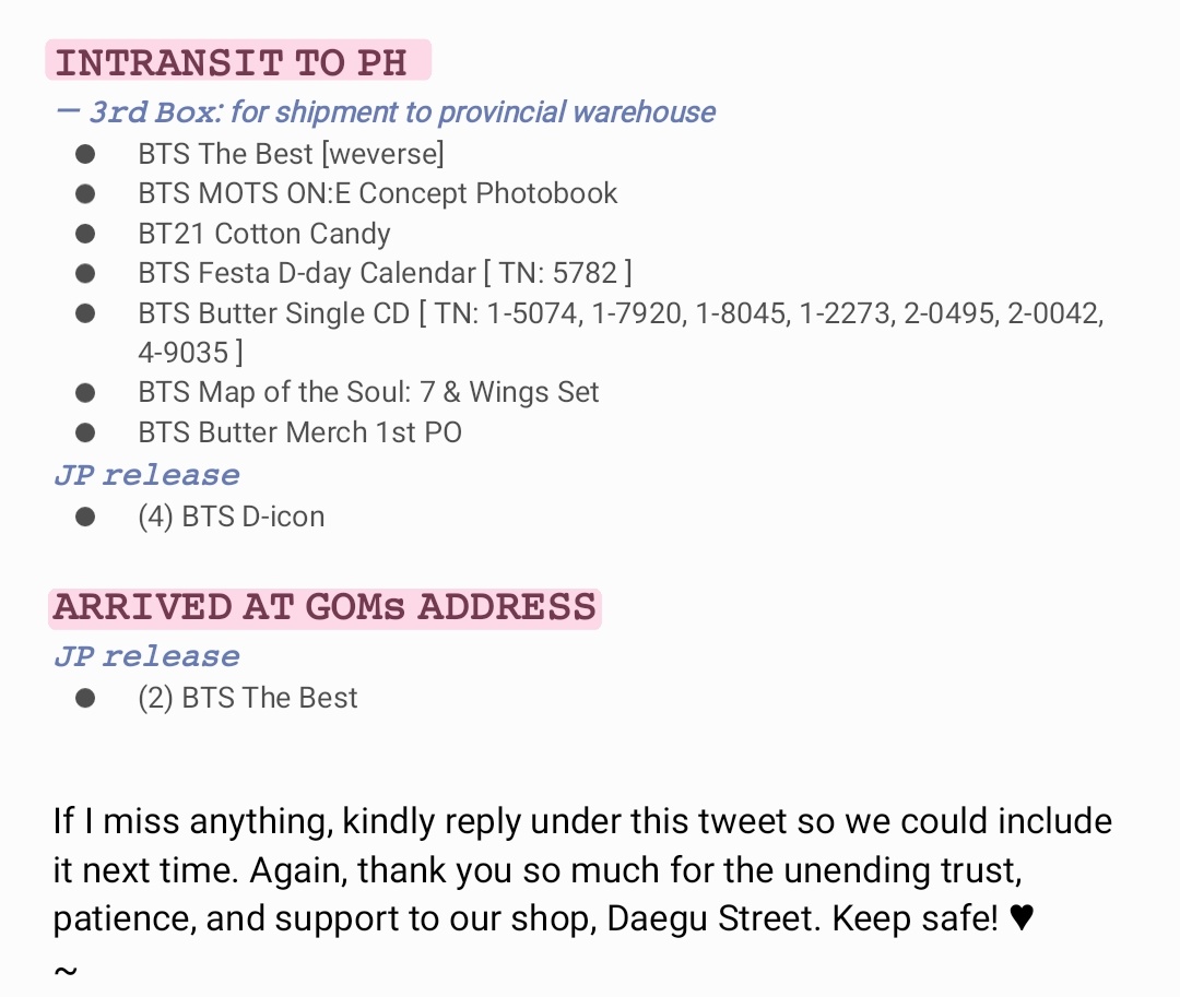 DAEGU_STREET's tweet photo. 📆 Status of all pending orders as of August 15, 2021

If we miss anything and if you have questions, please don't hesitate to message us. Thank you for your patience ~

 [ #DaeguStUpdate ] https://t.co/fPrLlJerOc