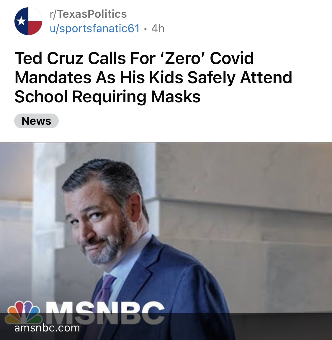 AnalogGF's tweet photo. I know I don’t really post these days but I would like answers from @SenTedCruz @tedcruz Why does your kids school get a mask mandate, Rafael? Aren’t you also vaccinated? #Texas #YouFailedUsAgain #Delta   https://t.co/JNAOkTMUPx https://t.co/HZAZXTvJxc