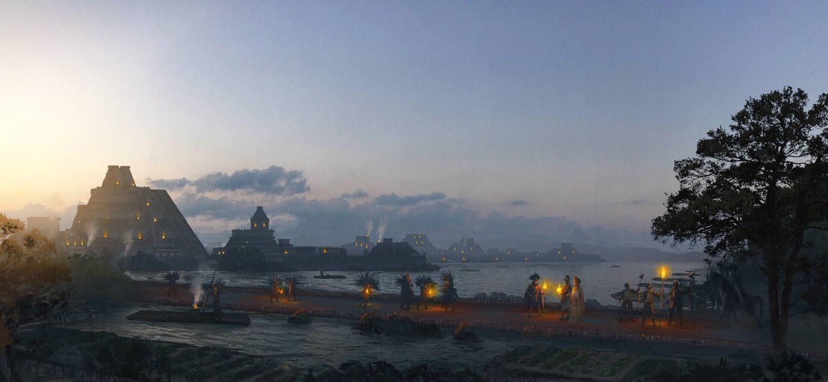 Magnífica recreación de como pudo lucir Tenochtitlan al amanecer, con la majestuosa silueta del Templo Mayor iluminado parcialmente con antorchas. Se aprecia una calzada de las muchas que conectaban la isla con tierra firme. Arte de Mauricio Pampin #cdmx