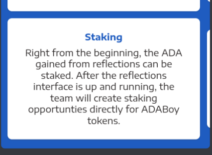 RC_therapy_APD's tweet photo. ADA REWARD TOKEN @ADABOY 
https://t.co/YSXZXILXL7 8% - ADA Reflections. we plan to allow holders to stake their earned ADA and ADABoy tokens through our Staking Platform. Users can also view their balances and earnings through our web dashboard. https://t.co/4wwt597v9M