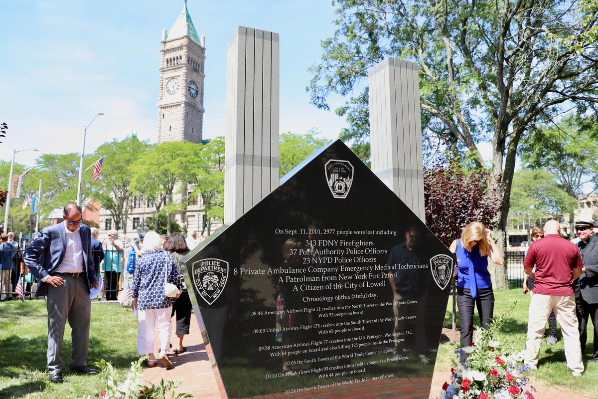 Today, members of the Lowell community came together to mark the dedication of the September 11, 2001 "Never Forget" Monument in Liberty Tree Park on Arcand Drive.