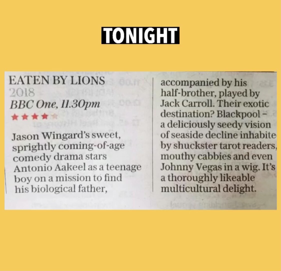 So happy for our much loved #film : #EatenByLions to be premiering on <a href="/BBCOne/">BBC One</a> tonight! I hope you will catch it some time soon. We won Best #Comedy at this year’s   <a href="/NATFilmAwards/">National Film Awards</a> #comedy #nationalfilmawards2021 #casting #film #filmmaking