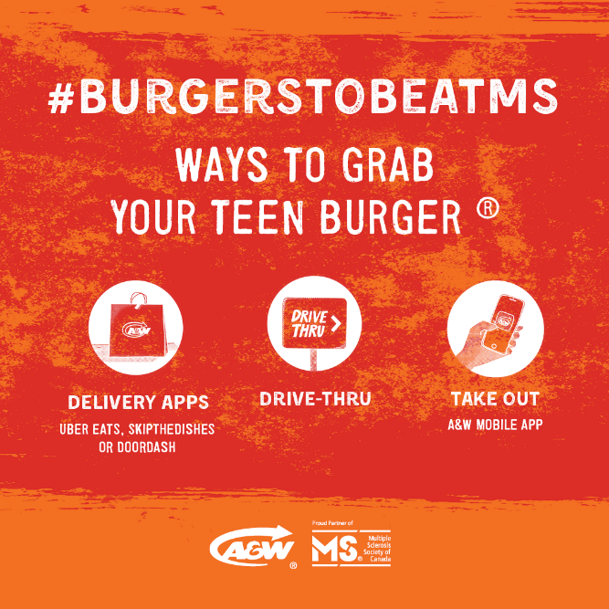 MSCanOfficial's tweet photo. On Thursday, take part in #BurgersToBeatMS where $2 from every @awcanada Teen Burger® will be helping Canadians affected by MS. There will be limited dining room activity, so order a 🍔 on Burgers to Beat MS Day through: 📱 @awcanada mobile ordering, 🚗drive-thru, or 🥡take-out! https://t.co/ulAt4UyFFB