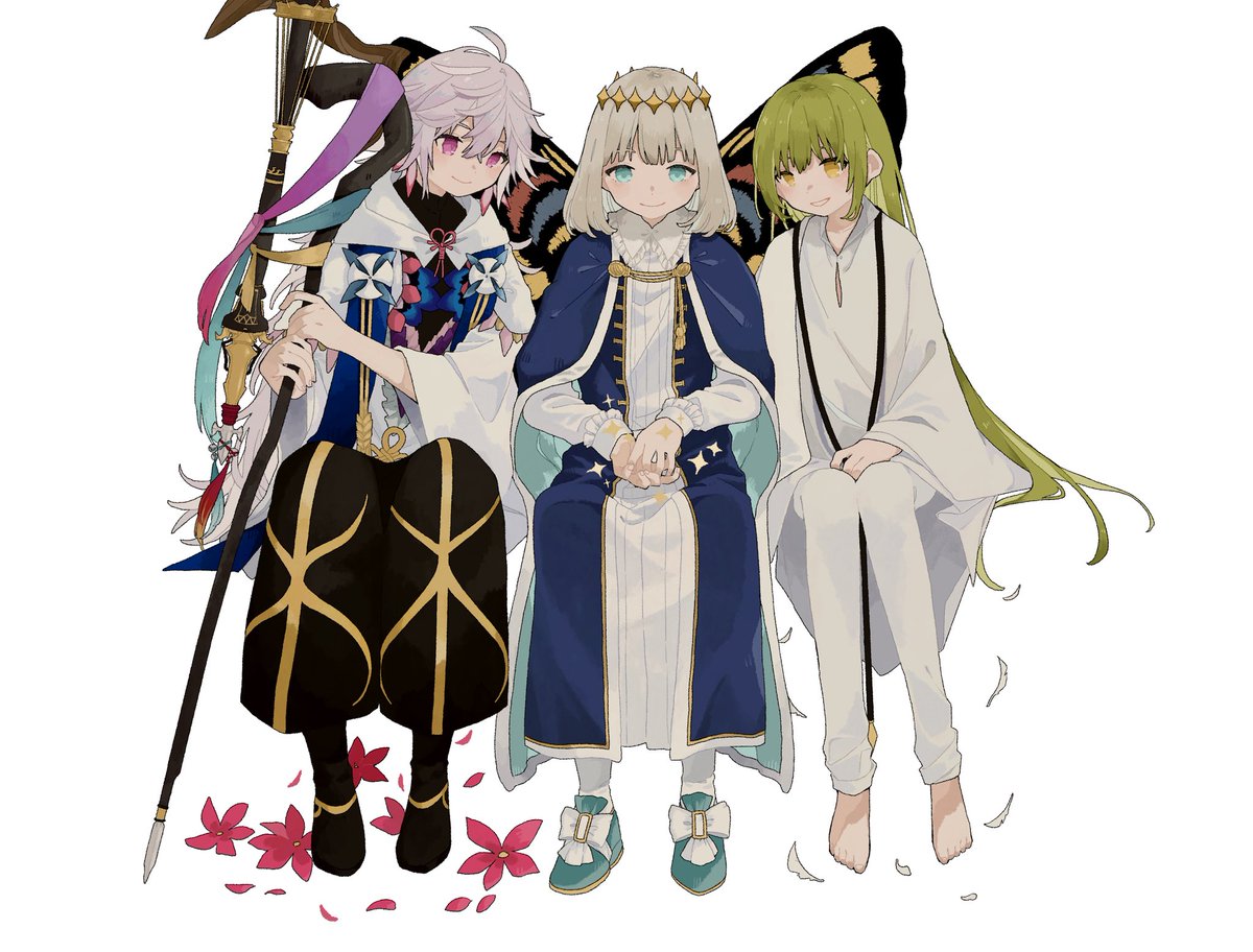 enkidu (fate) ,merlin (fate) ,oberon (fate) robe white robe long hair green hair multiple boys smile white background  illustration images