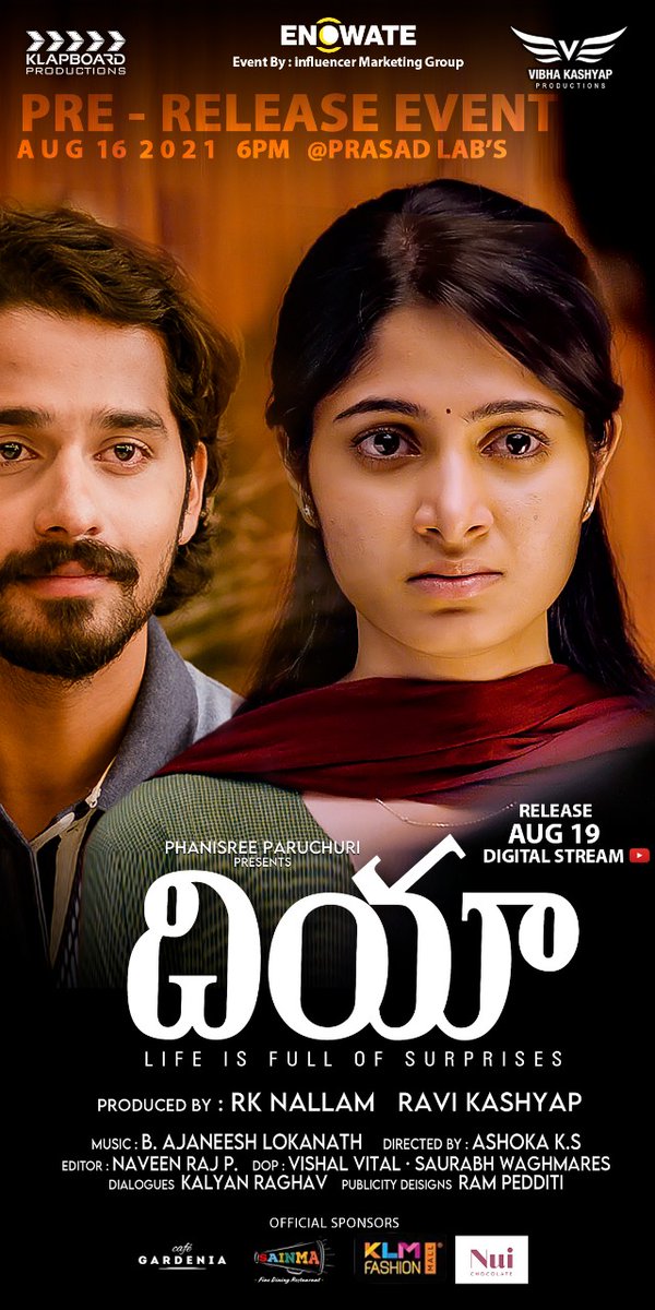 Kannada BlockBuster #Dia Now Releasing In Telugu via @YouTube Direct Digital Releasing On Aug 19 th

Pre-Release Event - Tomorrow 6 PM @PrasadsLabs 

Starring #Kushi @AmbarPruthvi @Dheekshiths #RKNallam #RaviKashyap @klapboardpost #VibhaKashyap