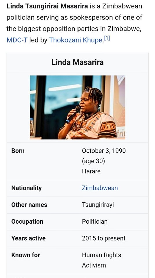 Hey Zimbabweans ,Don't don't tolerate Political danderheads like <a href="/lilomatic/">Linda Tsungirirai Masarira</a> to waste your time, she is 10 years younger than  required age to participate in the presidential race.Even in 2028 she will  not qualify.Her mission is to coz confusion chete.