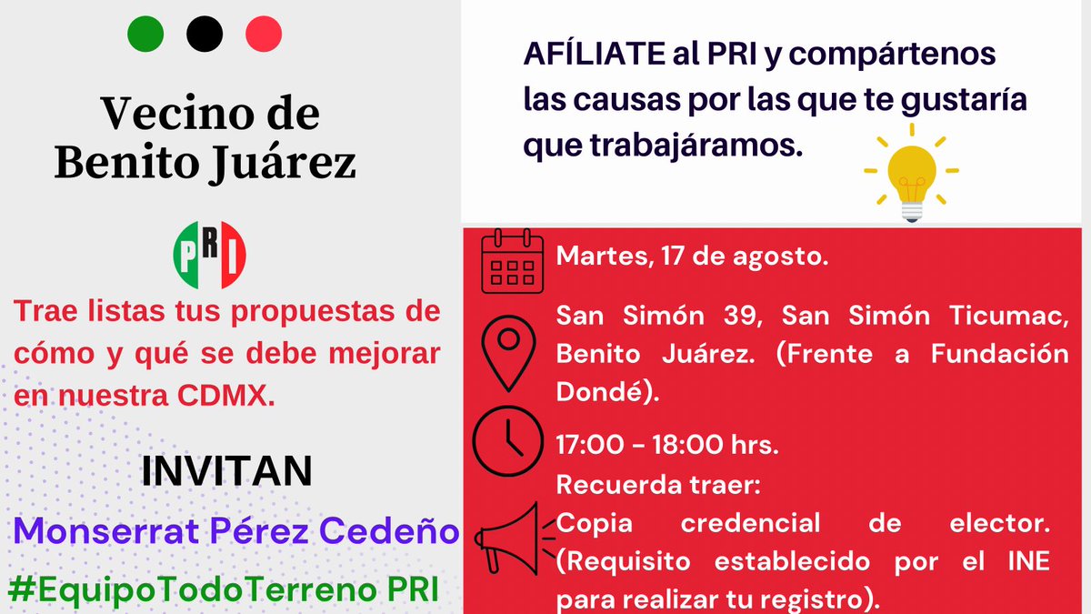MonsePCedeno's tweet photo. Amigos de Benito Juárez su servidora y #EquipoTodoTerreno 24/7 los invitamos a que se sumen a nuestro Partido, que juntos construyamos una nueva historia para la #CDMX. ¡Te esperamos! 🇲🇽❤️👇   
@BetanzosOficial @TaniaLariosMX @NovGabriela @alitomorenoc @pepemuratmx @FColosioCDMX https://t.co/Qhx1XUY1KD
