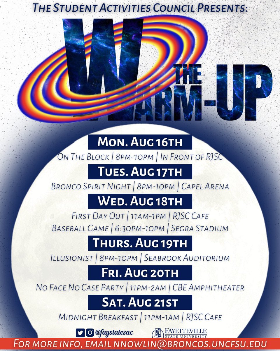 FayStateSAC's tweet photo. It’s officially time for THE WARM-UP! Come enjoy Welcome Week 2021 with SAC! Starting Monday, August 16th until Friday, August 21st😋
It’s the Comeback Season for FSU and we’re coming for everything! 🐴💙
#FayState25 #FayState24 #FayState23 #FayState22 https://t.co/c3yVzkIbq6