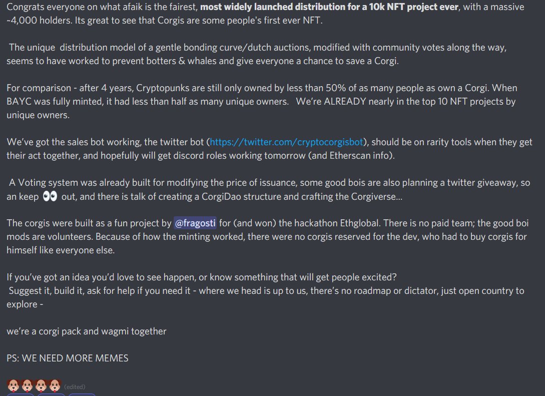 !! It seems Crypto Corgis had the fairest, most widely launched distribution for a 10k NFT project ever 🤯  !!

That and more below in a quick update from our Discord 👇

#cryptocorgis #nfts