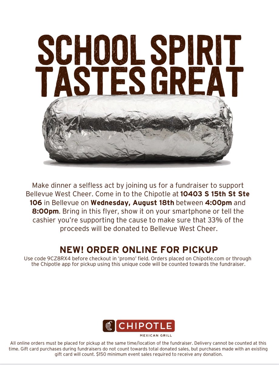 bwhscheer_'s tweet photo. Meal planning dinners this week? We’ve got you covered for Wednesday! Stop by Chipotle, show them this flyer, and help support Bellevue West Cheer! 💜💛 @TbirdEMPIRE https://t.co/rzlvtxNfll