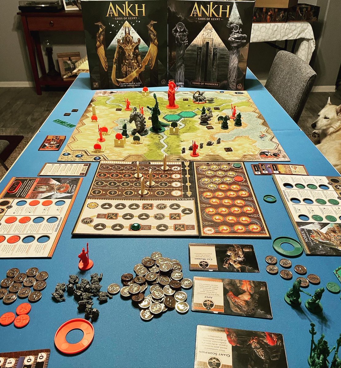 TheChrisEide's tweet photo. Got in my first playthrough of Ankh. We only played 2 player, so I canβt wait to try this with more people to see how the merging mechanic works. The Egyptian mythology and table presence are awesome! #boardgames #bordgamegeek #ericlang #ankhboardgame #boardgameaddict @CMONGames https://t.co/0Jp4AVID8u