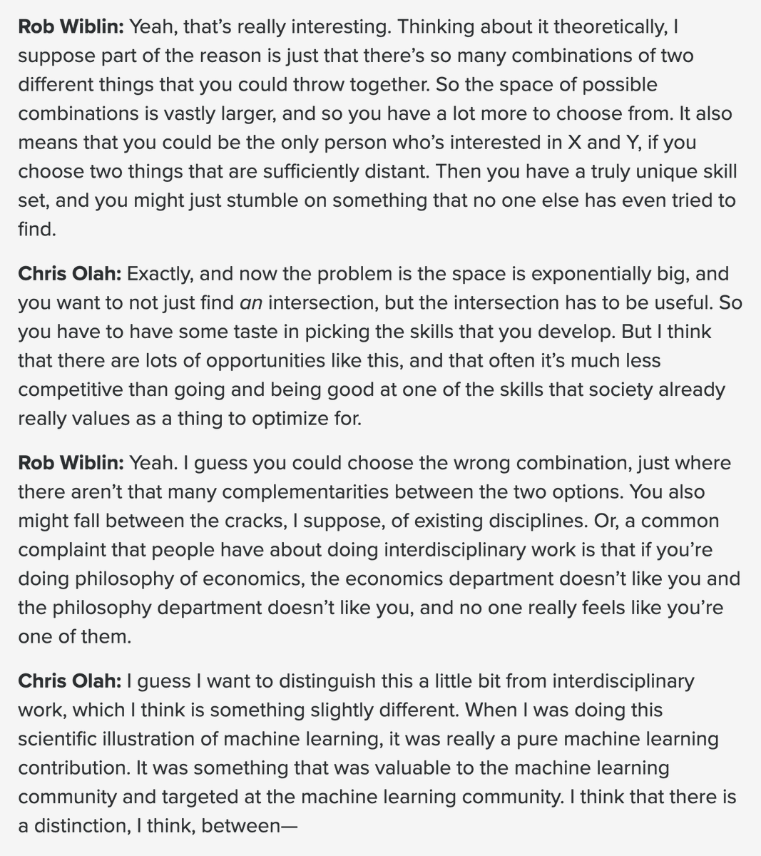 ch402's tweet photo. (3) I think it's useful to think about Pareto frontiers of skills. I think it's probably easier to produce a lot of value by finding an underrated *intersection of skills* rather than being really good at a standard skill.

https://t.co/bIUiCt1jVJ https://t.co/PqTFSCLq6n