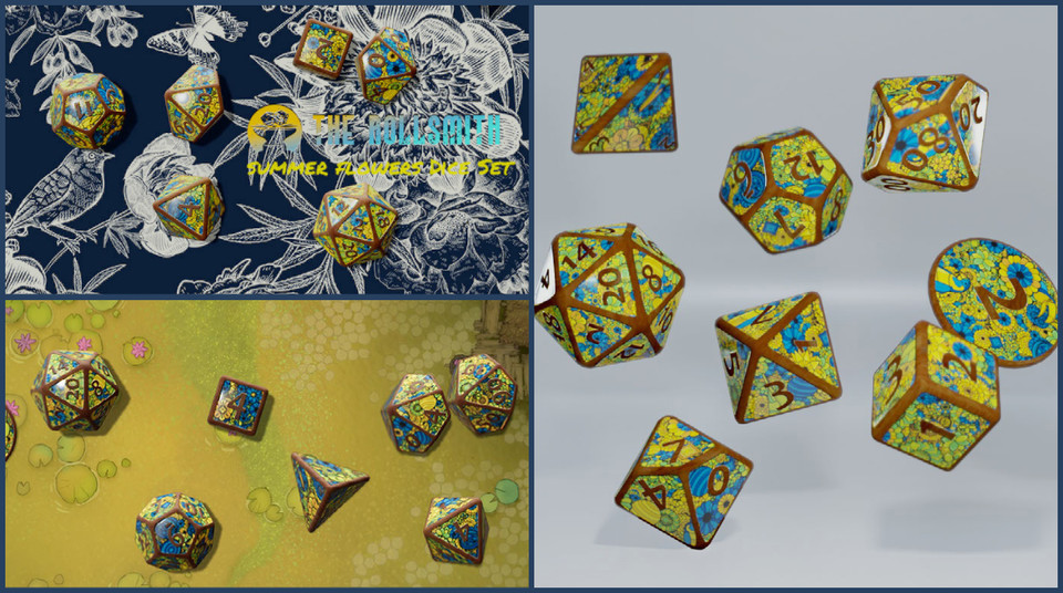 When was the last time your group took time to enjoy the scenery between dark dungeons? Have you noticed the poor quality of the floral decorations in the villains’ dens?
With this Dice Set, you’ll be able to bring color and butterflies to your enemies!

therollsmith.com/product/summer…